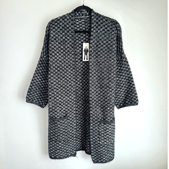NWT MAX SPORT Black Checker Open Front Long Knit Cardigan Duster Sweater Coat M - Picture 1 of 7